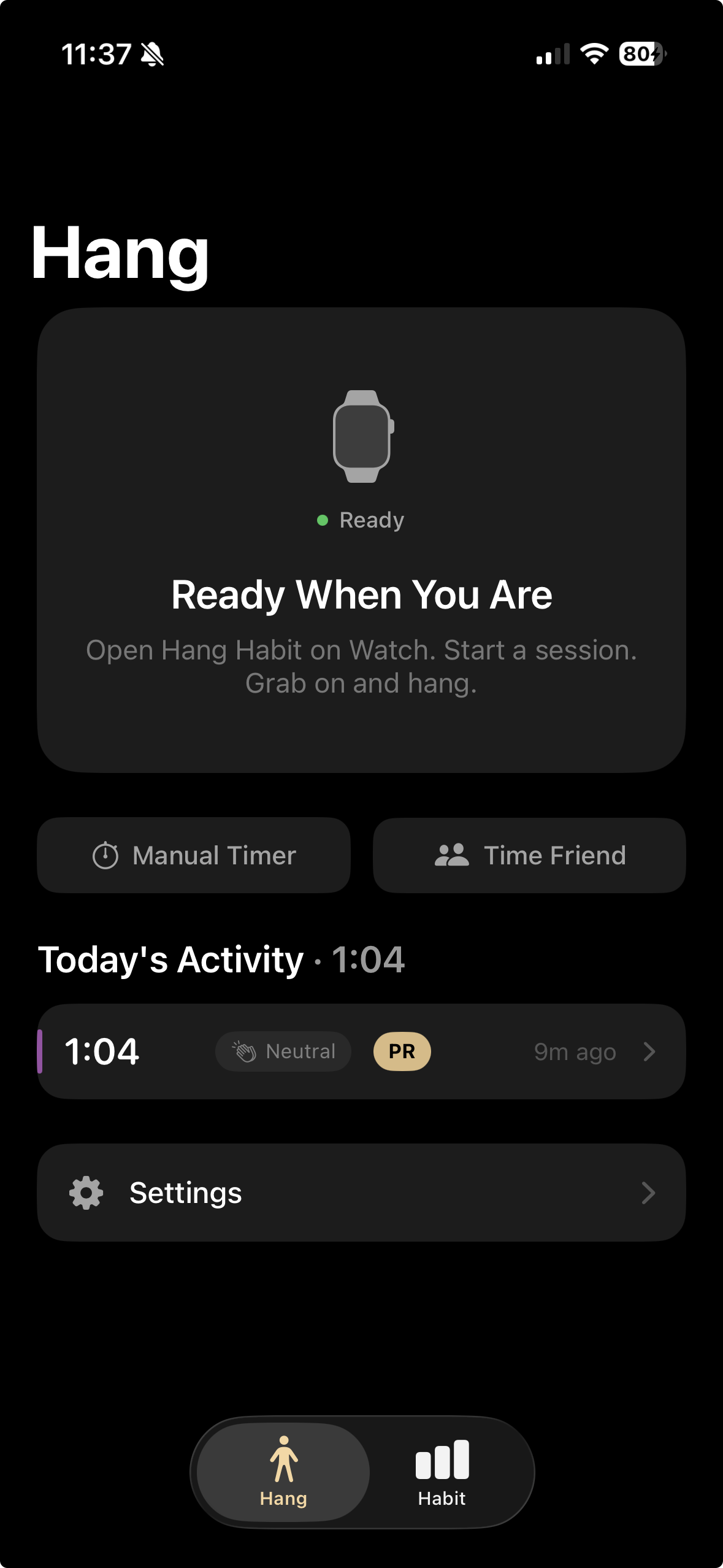 Hang Habit iPhone app showing Watch connection and activity